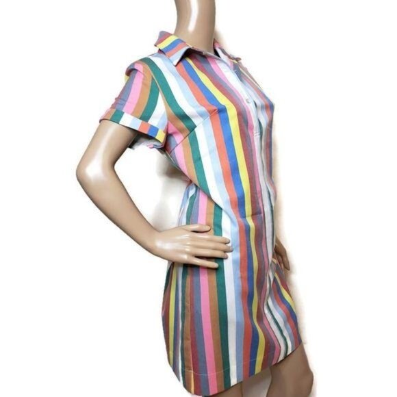 Striped Multicolor Short Sleeve Polo Collar shirt Dress M fun whimiscal summer - Picture 3 of 6